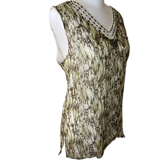 Bob Mackie Studio Cream, Brown & Green Lined Sleeveless 100% Silk Top  Size 6 - Picture 6 of 9